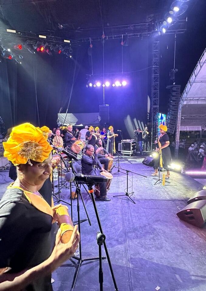 Sonidos Profundos en concierto, tarima iluminada con el público al frente